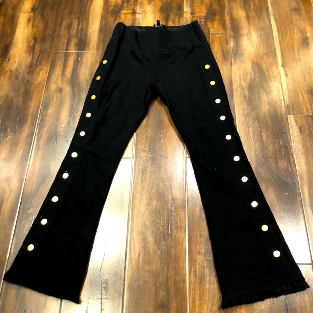 Black Flare Jeans with Gold Button Accents